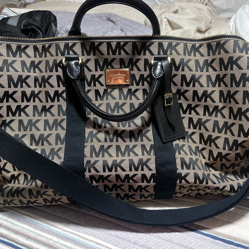 Michael Kors Black and Tan Duffel Bag with Signature Style